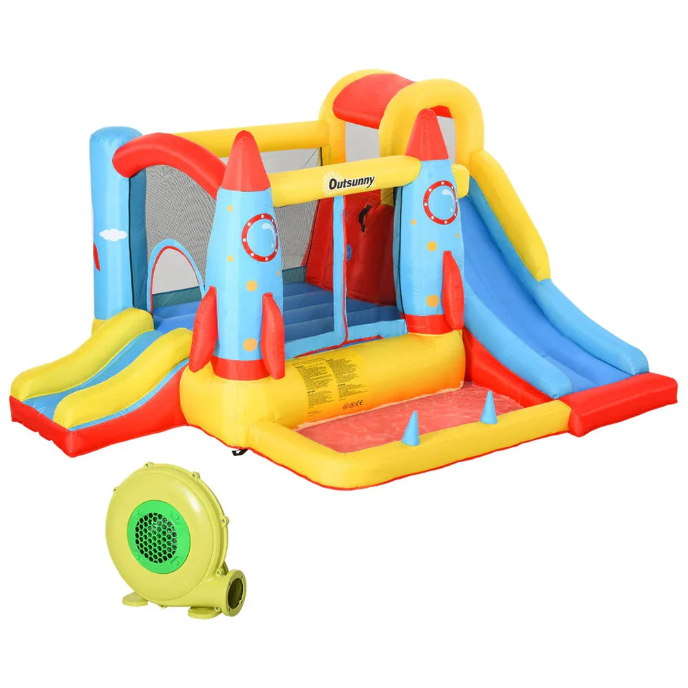 Outsunny Rocket Inflatable Bounce Castle with Slide & Splash Pool – 3.4m x 2.8m x 1.85m