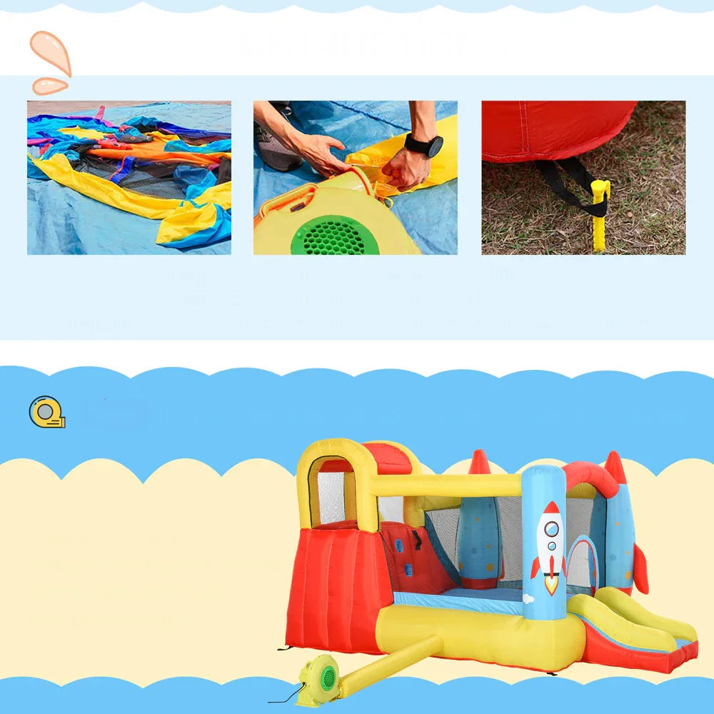 Outsunny Rocket Inflatable Bounce Castle with Slide & Splash Pool – 3.4m x 2.8m x 1.85m