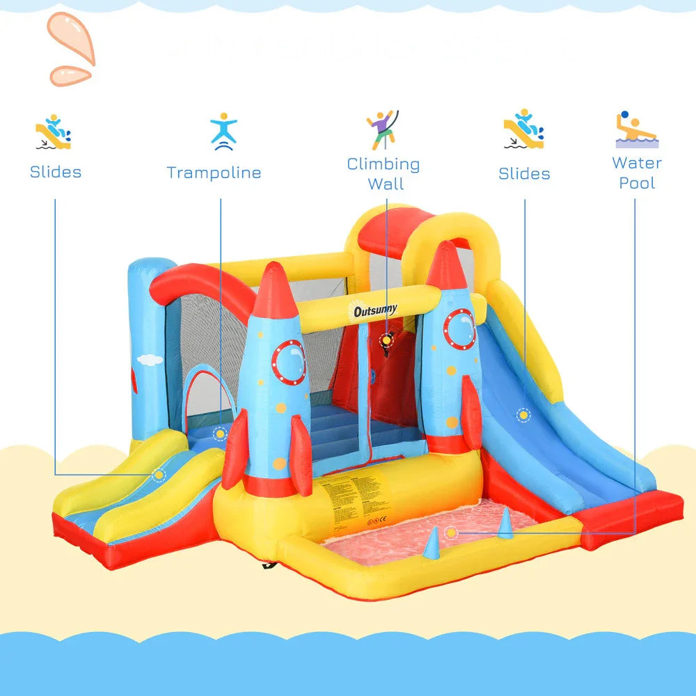 Outsunny Rocket Inflatable Bounce Castle with Slide & Splash Pool – 3.4m x 2.8m x 1.85m