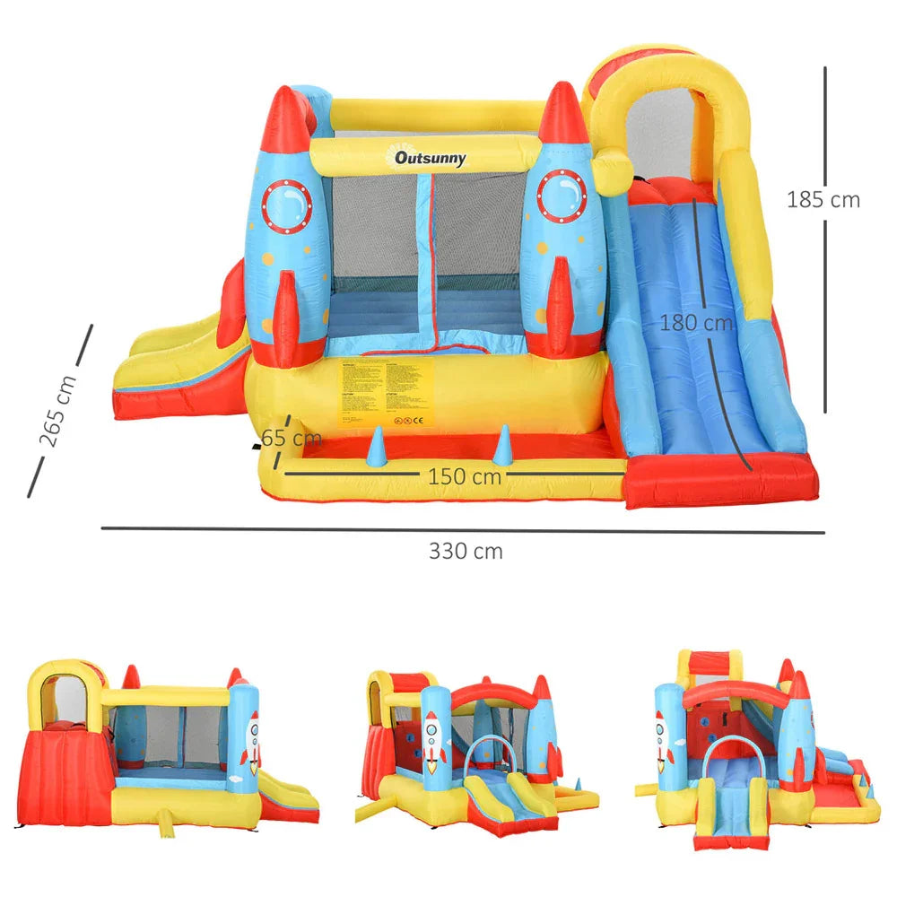 Outsunny Rocket Inflatable Bounce Castle with Slide & Splash Pool – 3.4m x 2.8m x 1.85m