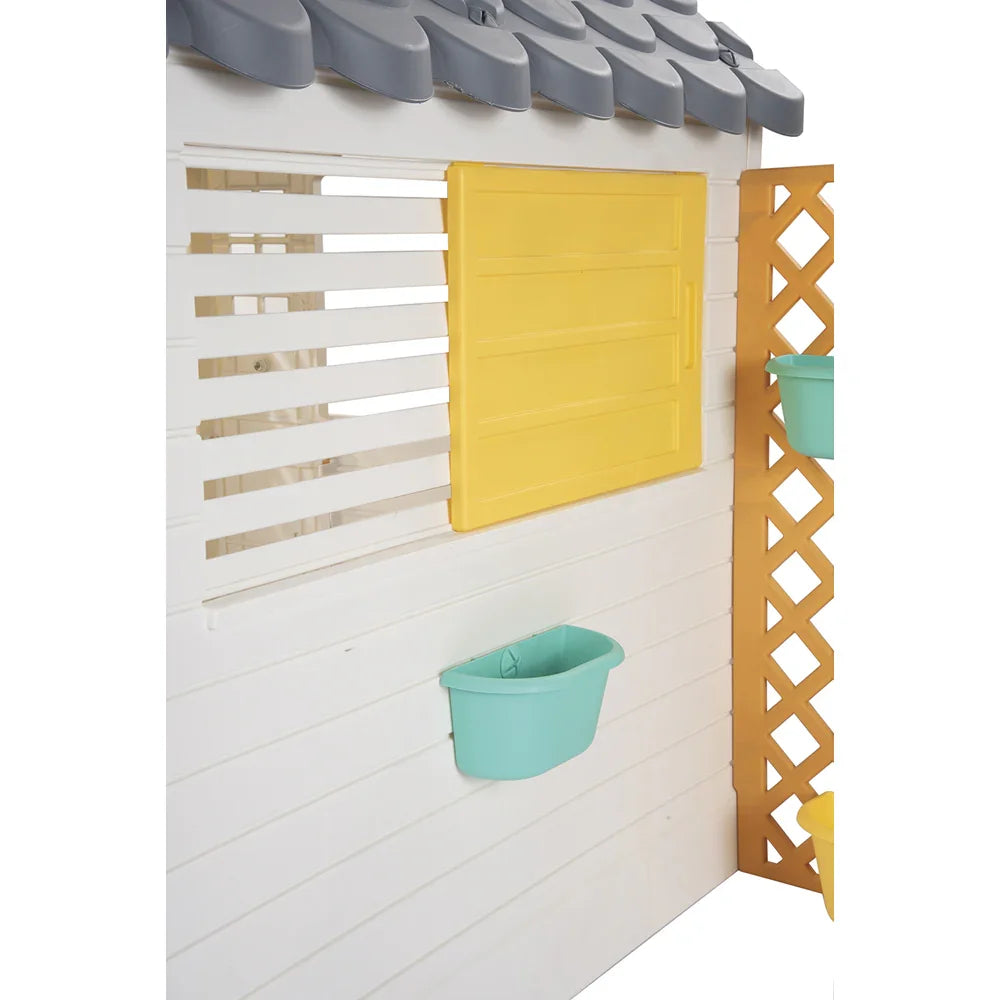 Dolu Garden Playhouse with Fence – White & Grey Outdoor Kids Playhouse