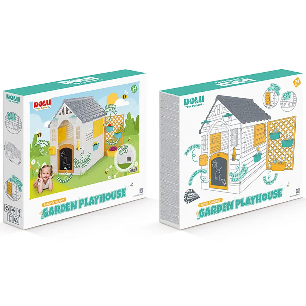 Dolu Garden Playhouse with Fence – White & Grey Outdoor Kids Playhouse