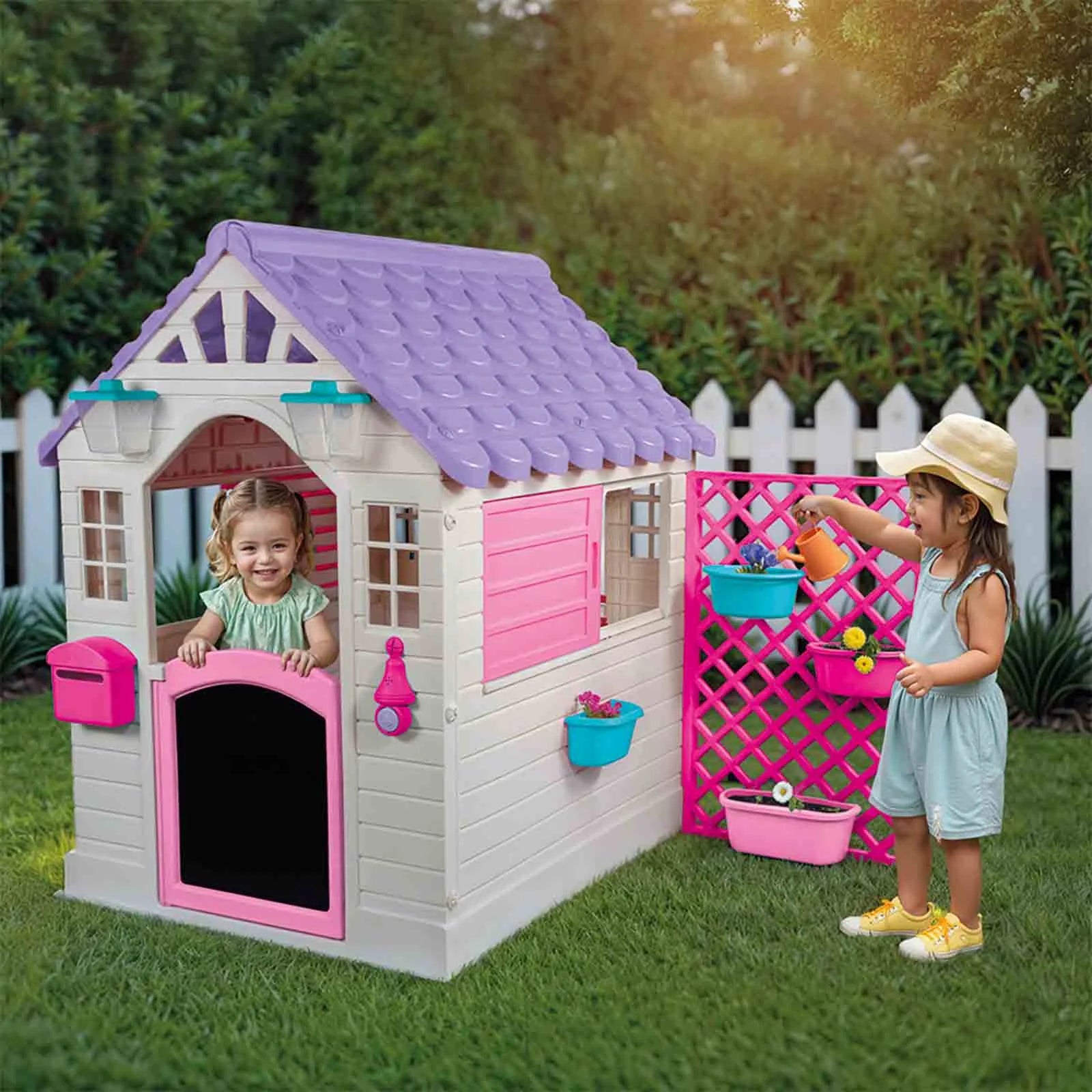 Dolu Garden Playhouse with Fence – White & Grey Outdoor Kids Playhouse